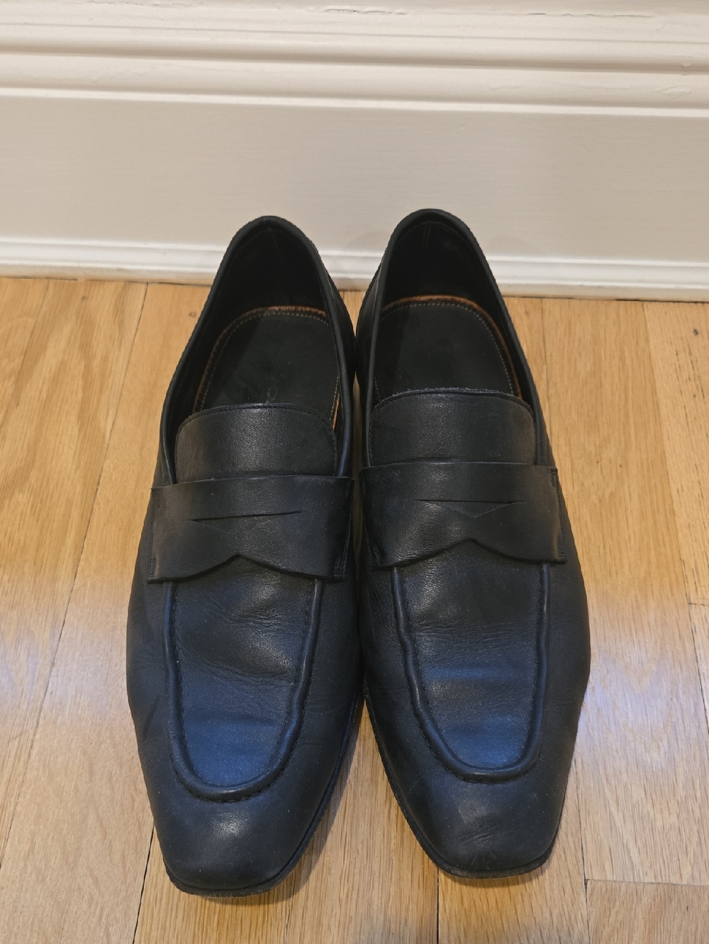 Men's Santoni Black Leather Penny Loafers
